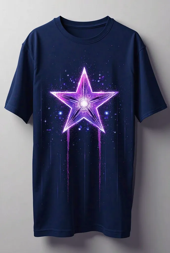 A dark blue shirt, with light blue lines, purple and white logo a star with white sparkles