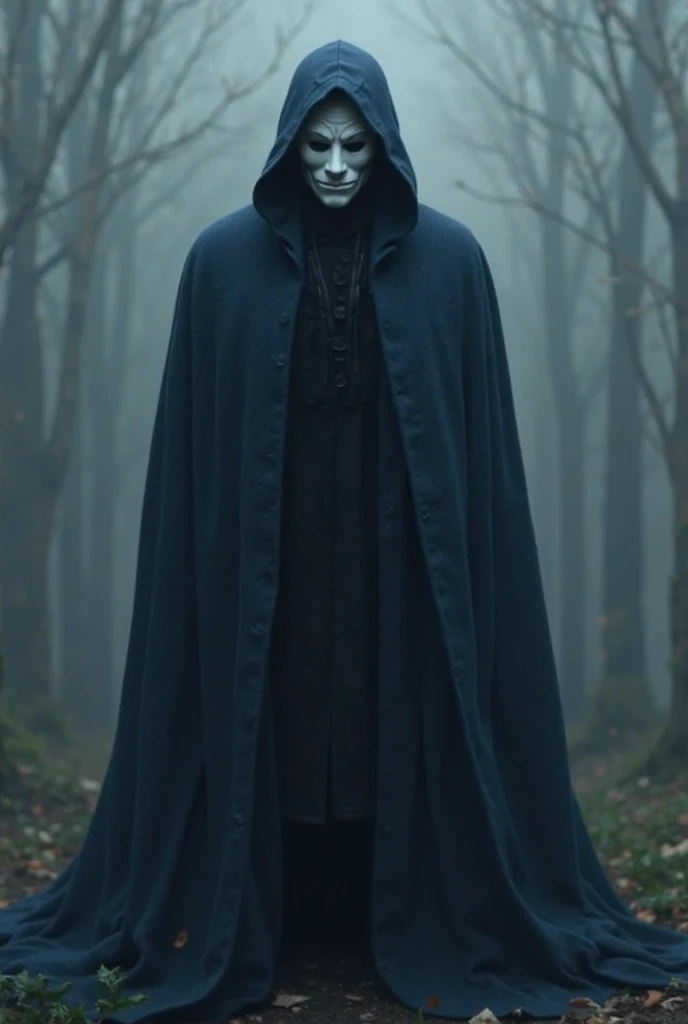 one  men, with a hood and a blue overcoat, with a white mask (not hacker) 