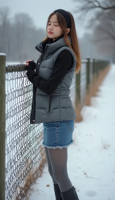  Ultrarealistic image . side view. A pretty slim brunette 25-year-old German woman. She has a narrow face with high cheekbones. She has straight shoulder-length hair . She is wearing a black headband. She is wearing a grey down vest and a black turtleneck ...