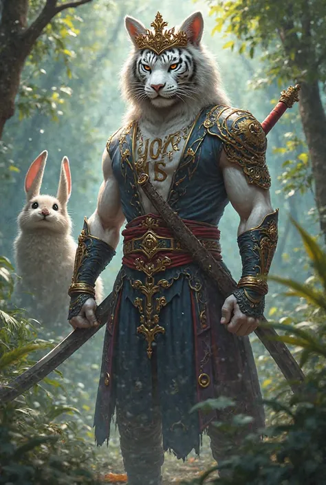 Assassin white Tiger holding Guandao sword and have Crown of King with capital letters "JOIN TMNB" on his Torso. jungle background with Cute Huge Queen rabbit looking