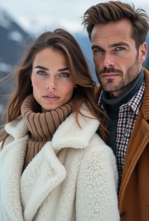 Beautiful woman with brown hair and green eyes, dressed in a white coat with a white fur collar, and a turtleneck sweater in the same color, At her side is a handsome and attractive man with a serious expression, dressed in a plaid shirt and corduroy jacke...