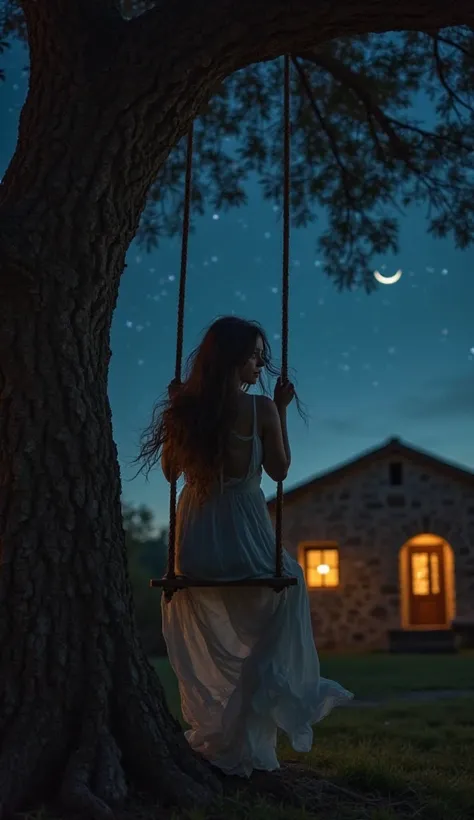 " woman with long, loose hair, swaying softly in a Swing hanging from the branch of an old oak tree. The scene takes place in a country house in the north of Spain, with a serene and melancholic atmosphere. The dark and starry sky extends over her, with a ...