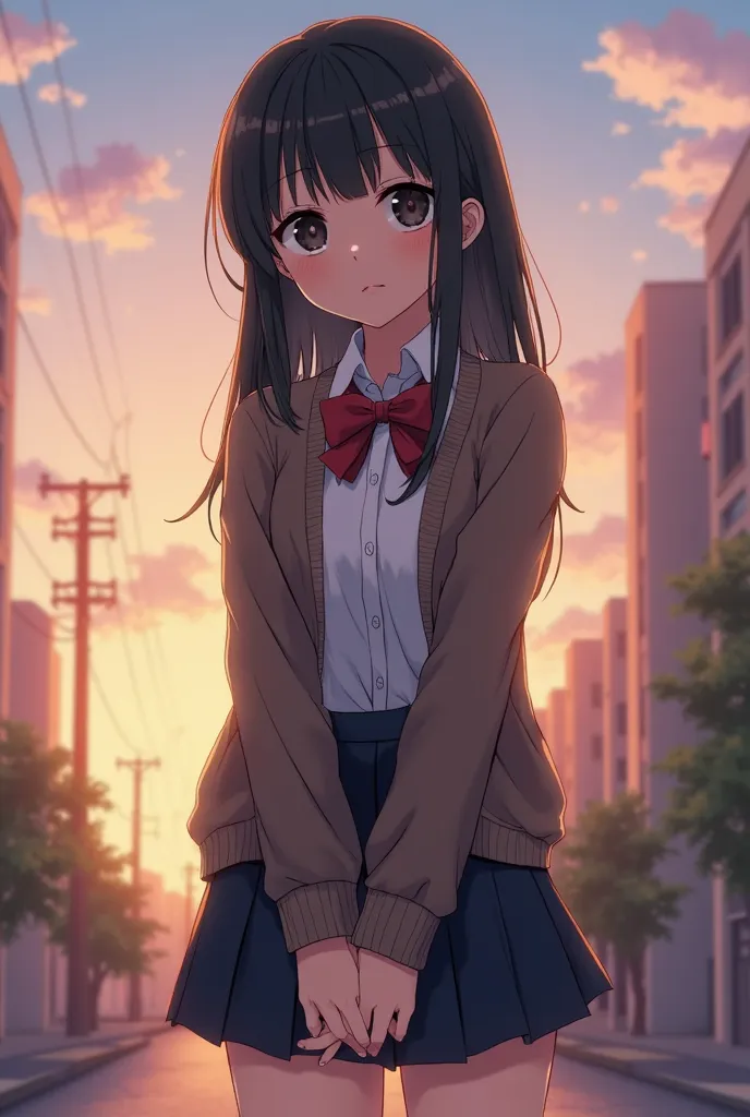 Draw an anime 18 year old girl with black eyes and black hair. in a shirt, cardigan and skirt. High school uniform. Early dawn background. the position is , where the hands are hidden, and she herself is confident and beautiful 