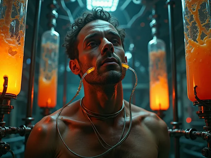 A FULL BODY 40 years old handsome man in latex plugged with catheters entering is mouth and nose, in a dark futuristic laboratory where human experiments happens. there are lot of tubes plugged in him in his nose and mouth, connected to huge glass cylinder...