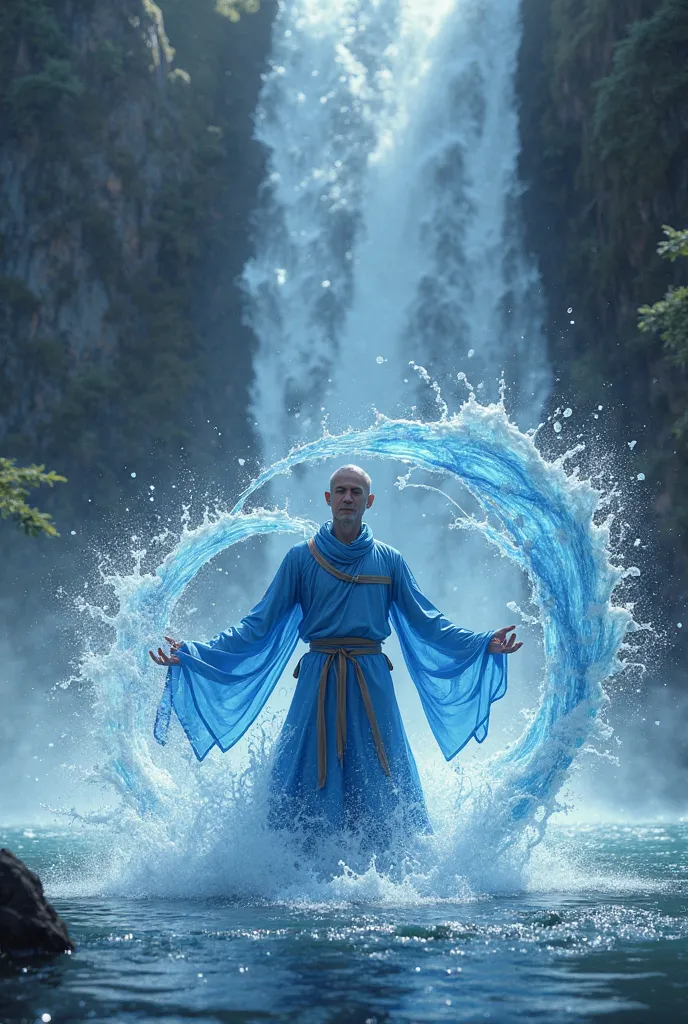 Avatar: the Legend of Aang , moving the water arroound your self , dramatic light , opining the eyes using focus and meditation , on the water in the waterfall