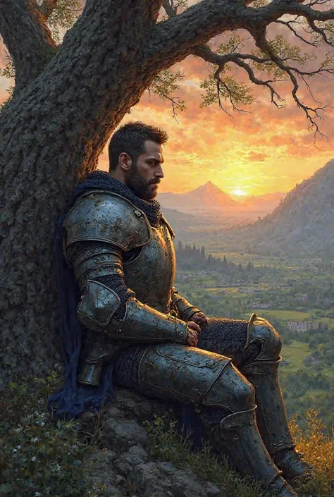 A knight in armor sleeping against a tree with a sunset over a valley in the style of dark fantasy book cover paper art dungeon and dragon 