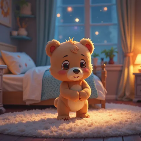 an animated image of a cute and playful little bear in your bedroom at night