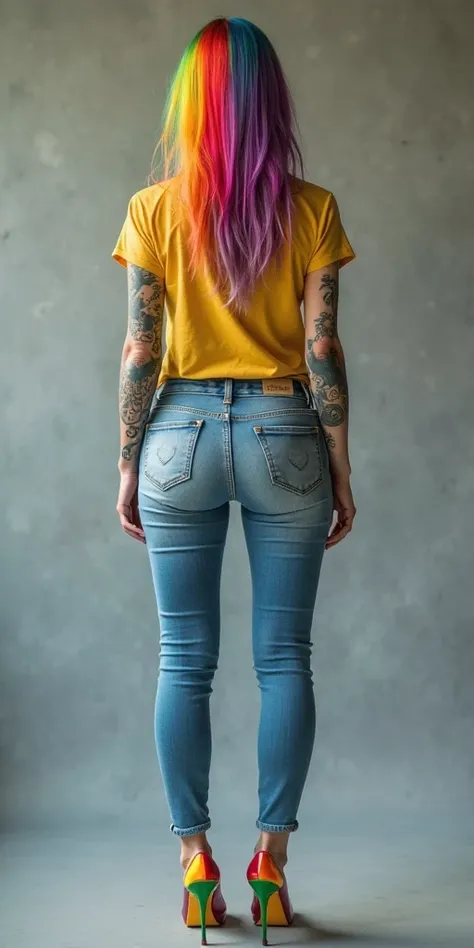 busty tattoed lady on steroids in faded blue tight jeans, yellow shirt, rainbow hair, rainbow high heels, rear view