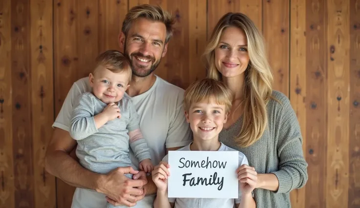 A portrait of four people, the blonde family. A blond man holding a baby, A woman and a boy stand next to him.The boy is holding a sign in front of his chest on " Somehow Family" stands. The people are shown in 8K and the surrounding area is a beautiful wo...