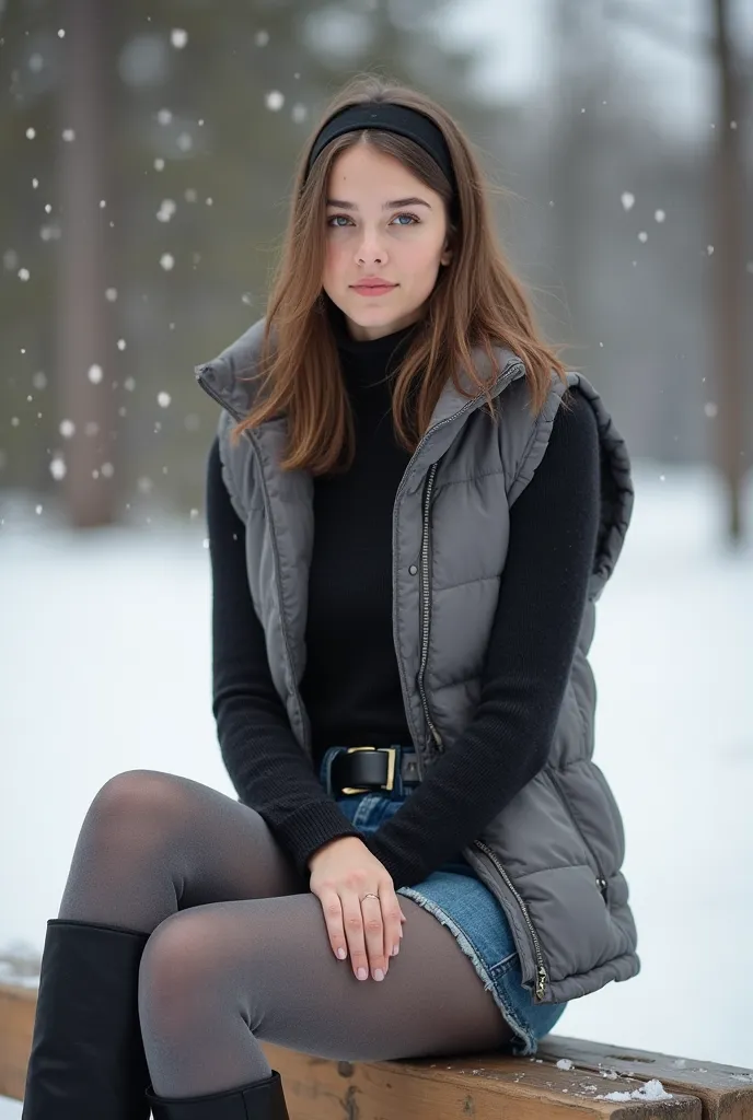  Ultrarealistic image . side view. A pretty slim brunette 25-year-old German woman. She has a narrow face with high cheekbones. She has straight shoulder-length hair . She is wearing a black headband. She is wearing a gray down vest and a black turtleneck ...