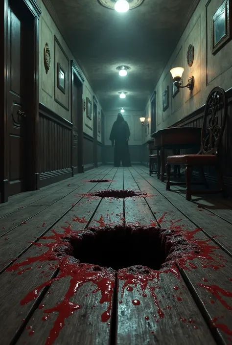 A large hole in the wooden floor of a mansion hallway at night with a lot of blood coming out of it and staining the floor.