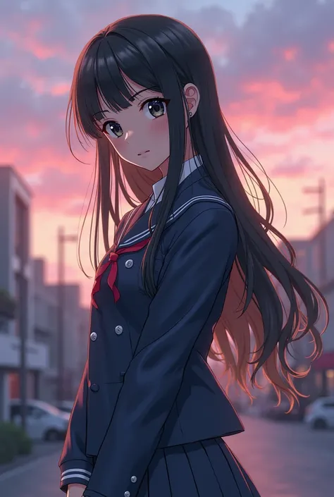 Draw a beautiful anime 18 year old girl with black eyes and black hair. In high school uniform. Early dawn background. the position is , where her hands are hidden