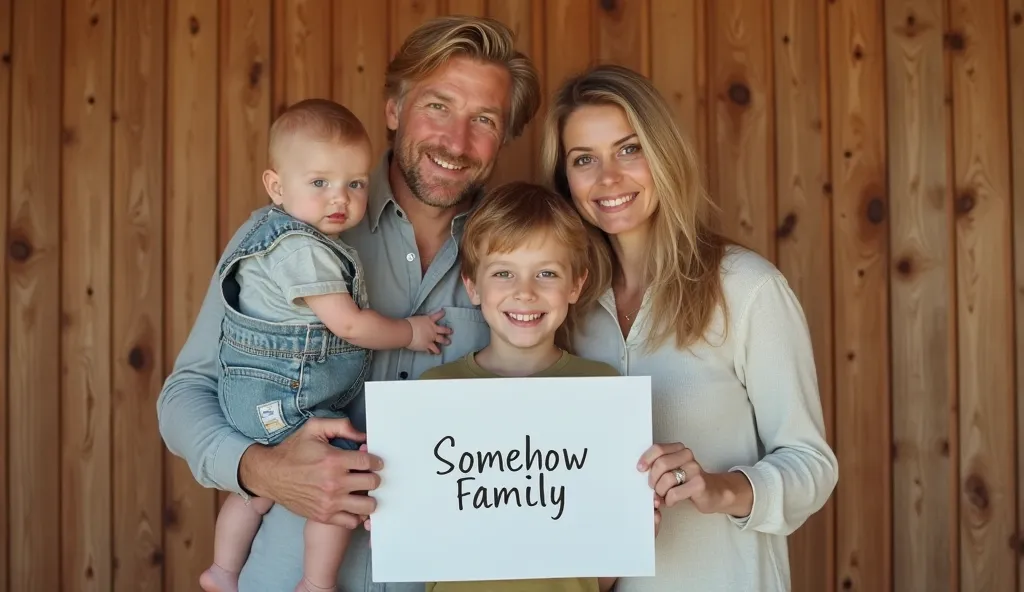 A portrait of four people, The blonde family. A blond man holding a baby, A woman and a boy stand next to him.The boy is holding a sign in front of his chest on " Somehow Family" stands. The people are shown in 8K and the surrounding area is a beautiful wo...