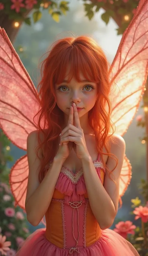 beautiful white girl,((full body photo, From hair to toe )),Sensual ,The red-haired fairy, with pink wings and an orange and pink dress, is looking directly at you, with a friendly and playful expression. The background is a magical environment , with soft...