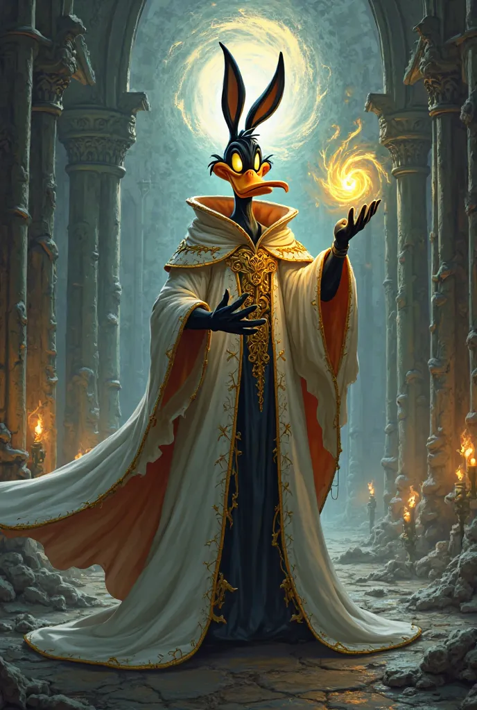 "Daffy Duck, the iconic Looney Tunes character, reimagined as a powerful dark sorcerer in a gothic fantasy world. He stands tall, draped in an ornate white and gold sorcerer’s robe, embroidered with ancient arcane symbols that glow faintly in the dim light...