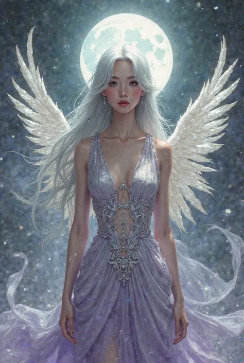 a mature woman with tall and slender Asian features, with clear and radiant skin , as if emitting a soft light. Her silver hair, greens,  fall to the shoulders , reflecting light with an ethereal glow. Their greyish eyes are deep and mysterious, emanando s...