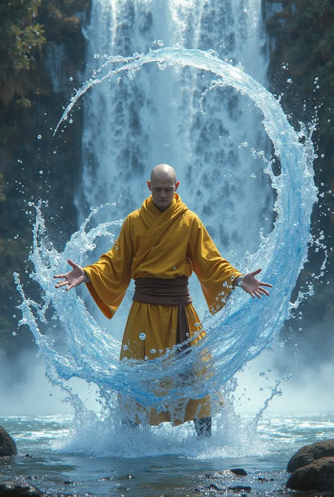 Avatar: The Last Airbender ,bald monk ,with yellow cloths, moving the water arroound your self , dramatic light , opining the eyes using focus and meditation , on the water in the waterfall