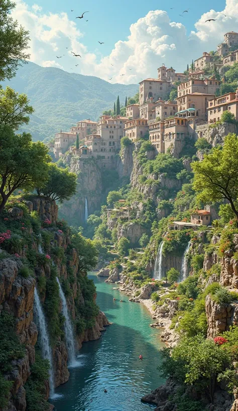 A breathtaking view of Mardin, Turkey, transformed into a lush and green paradise. The ancient stone houses and historic architecture remain intact but are surrounded by vibrant greenery, tall trees, and colorful flowers. Waterfalls cascade down the rocky ...