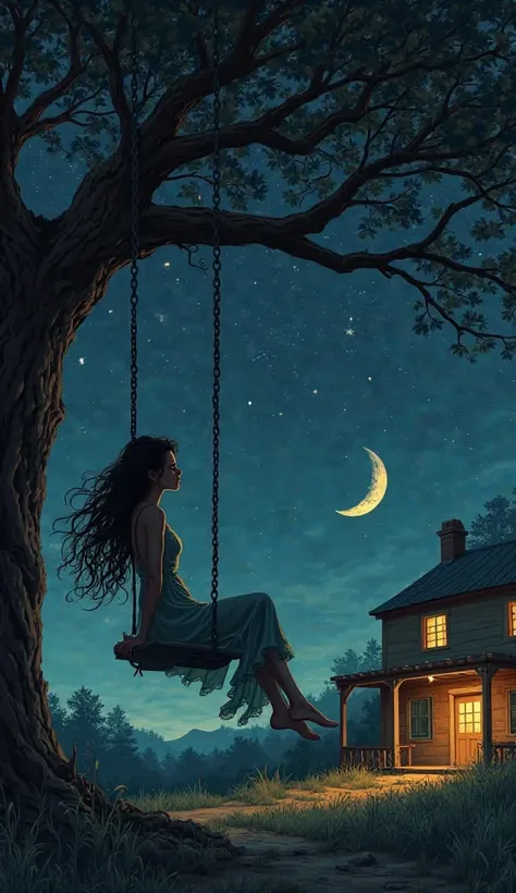 "Egon Schielle style illustration a woman with long, loose hair, swaying softly in a Swing hanging from the branch of an old oak tree. The scene takes place in a country house in the north of Spain, with a serene and melancholic atmosphere. The dark and st...