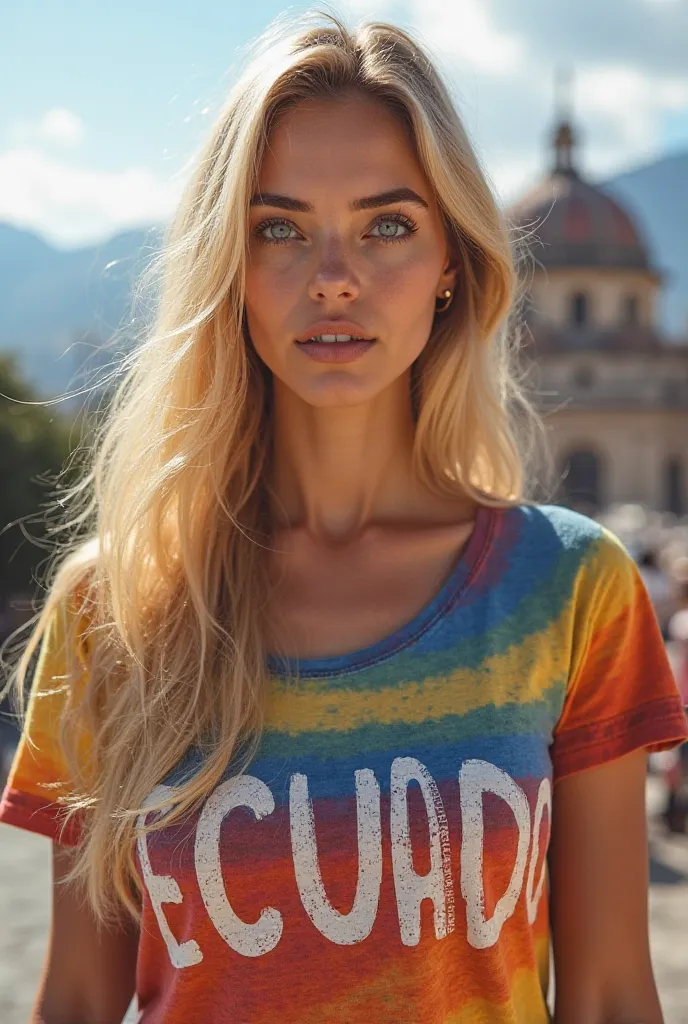 A beautiful sexy blonde woman wearing an Ecuadorian t-shirt, with the words "Elections April 13 (in Spanish)", in the background the Carondelet Palace, Quito/Ecuador 