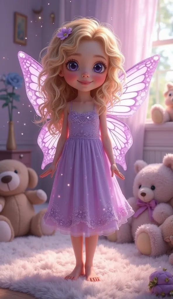 **Prompt:**  
"A mesmerizing digital painting of a young fairy girl with curly golden-blonde hair, standing in a cozy lilac-themed bedroom filled with plush stuffed animals. She has large, expressive violet eyes and a **sweet, gentle smile**, radiating war...