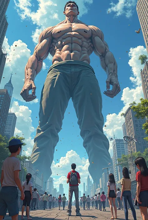 Anime style, 1000 foot tall sexy guy towering over a whole city as he grows bigger and bigger, and all the people of the city look up at him