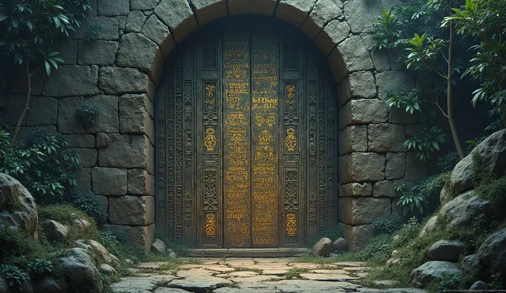 An ancient stone door, on which mysterious words in an unknown language shine