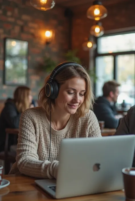 mother, 30 years, king, with headphones, Social media working in a coffee shop, sitting, looking at her laptop, while watching your  playing with other ren. Wide-angle camera, Bright daylight environment 