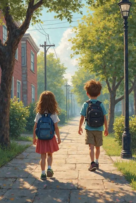 A girl walking down a street from school. She then goes to the park then sees a boy from her class and wanted to see what he was up to but got butterflies and ran off home. The boy all puzzled looks at her but says nothing