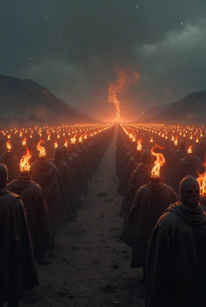 Army approaching for a battle at night with thousands of torches in their hands seen from afar