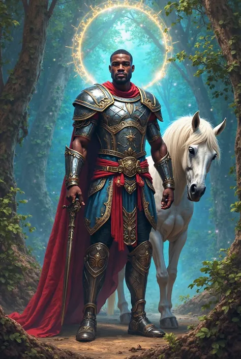 A powerful representation of Ogum, the warrior orixá of Afro-Brazilian traditions. He is shown as a black man, Young, handsome strong and armored,  with sword and shield , symbolizing protection and strength. Her costume is blue , red and silver, reflectin...