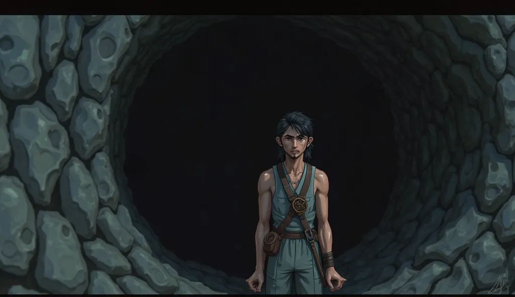 The scene of Amir entering the cave up close, where he has a tinge of curiosity and fear on his face