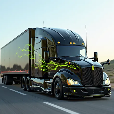 Create image of a Kenworth T680 semitruck with dry van trailer, glossy black color with airbrush lines in lemon green, sports tires, chrome rims, chrome accessories, luces led. 3D 38K  