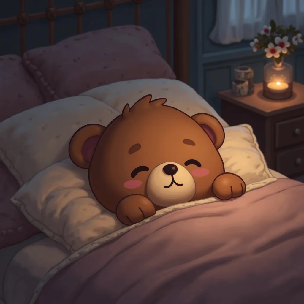 an animated image of a cute little bear sleeping in your bed with a happy expression on his face at night