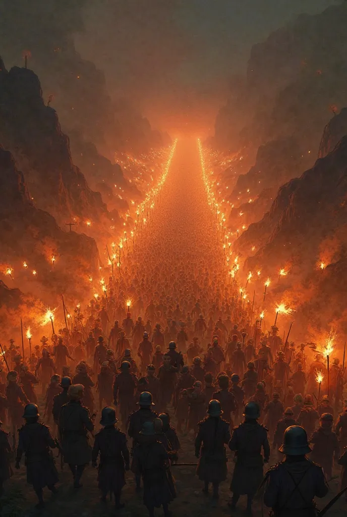 Army of people approaching for a battle at night with thousands of torches in their hands seen from afar