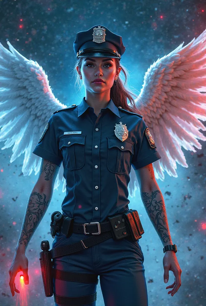 A tattoo idea about a woman police officer with angel wings and a  grabbing her hand. In the back theres blue and red lights. 