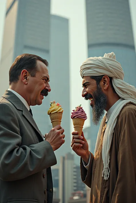 Adolf Hitler and Osama bin Laden eating ice cream in the twin towers