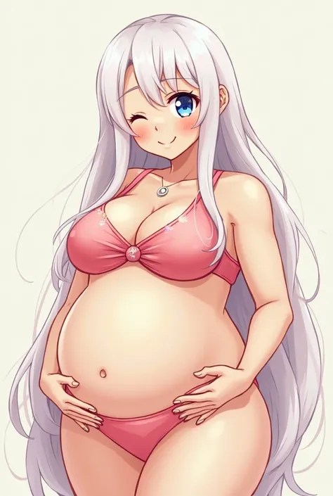  Anime girl with long white hair , a very giant belly of a happy pregnant, big breasts, Happy with blue eyes and in a swimsuit