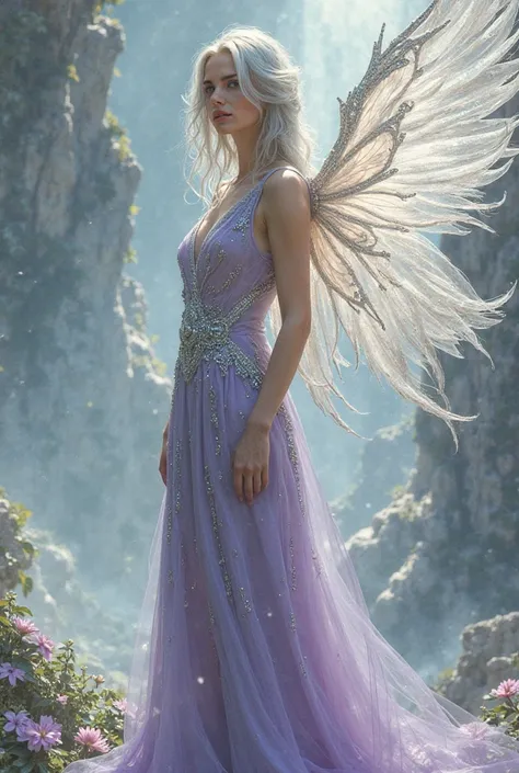  a tall and slender mature woman, with clear and radiant skin . Her silver hair, greens, fall gently to the shoulders. Their greyish eyes are deep and mysterious. She has translucent wings, As thin as cobwebs, that sparkle softly with silver and whitish to...