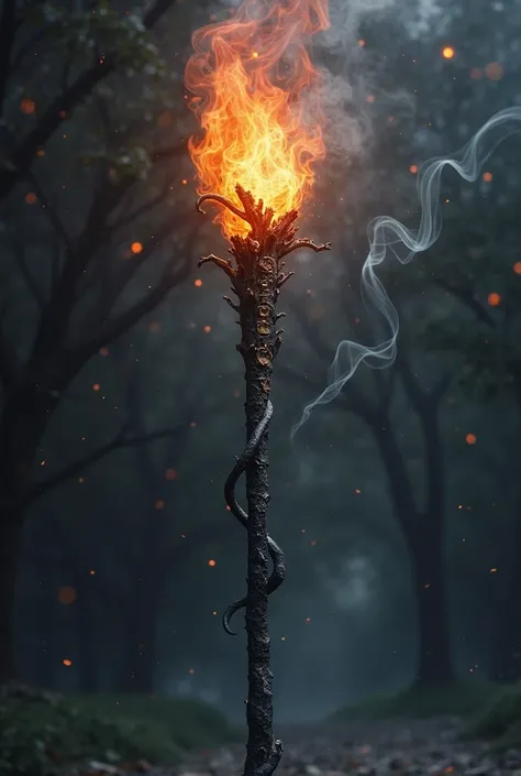 Magic weapon, mage staff with flame head, black wood that looks like ash, glitters slightly, smoke, fantasy, DnD, artifact, blueprint, 
