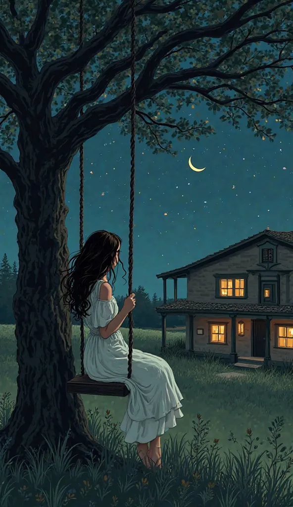 "Egon Schielle style illustration a woman with long, loose hair, swaying softly in a Swing hanging from the branch of an old oak tree. The scene takes place in a country house in the north of Spain, with a serene and melancholic atmosphere. The dark and st...