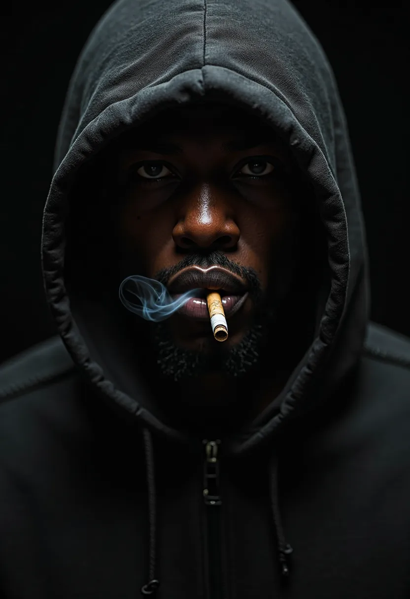 Hier sind zwei detaillierte Bildbeschreibungen als Prompts für eine generative KI:

Kurzer Prompt (max. 500 Zeichen):

A dark-skinned man in his late 20s, a dangerous gangster from the 1980s, wearing a hood pulled up. His face is mostly hidden in the darkn...