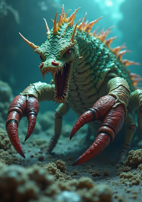 A hyperrealistic, cinematic close-up shot of a colossal anthropomorphic hybrid creature, a furious fusion of a seahorse and a crab.  The creature's entire body dominates the frame, filling the viewer's field of vision. Its seahorse-like head is adorned wit...