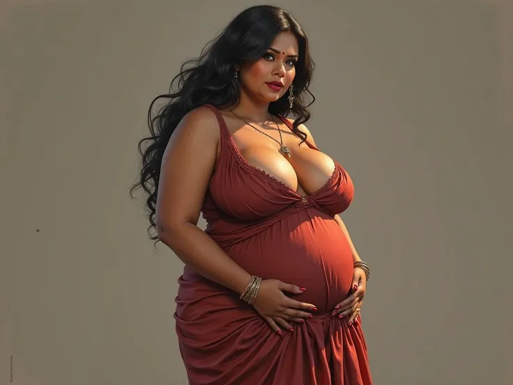 indian woman, photorealistic, big ass, wide hips, gigantic saggy breasts, thick thighs, wearing milk maid dress, cleavage, smoulder, makeup, full body photo, profile