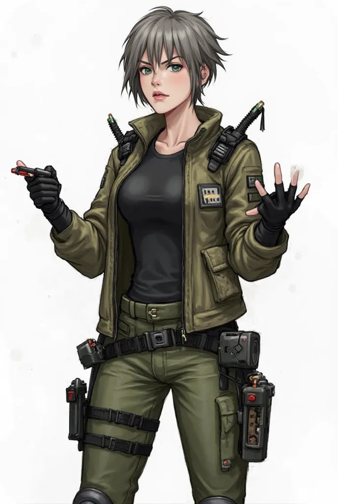 The picture shows a female character wearing tactical military clothes, consisting of a tight black shirt and green military pants with a knee protector on one leg. wears a tactical jacket with ammunition pockets and a gear belt containing tools and weapon...