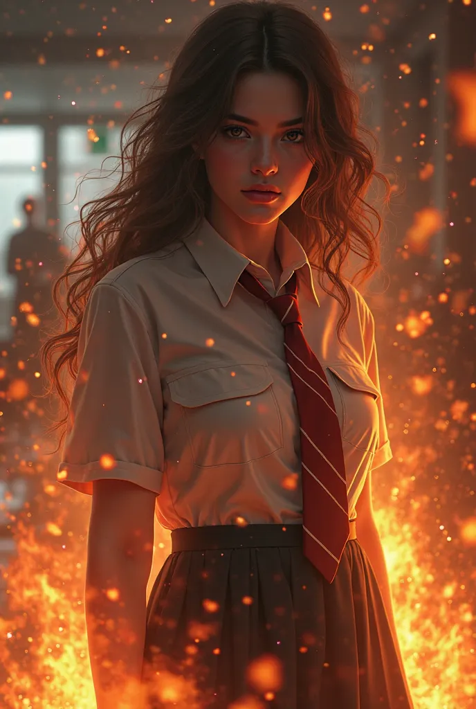 class bully Ranji brown hair . class bully.  beautiful . super power fire in school uniform