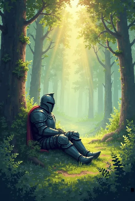 A pixilated light fantasy painting of a knight laying in forest with a sun beam on him