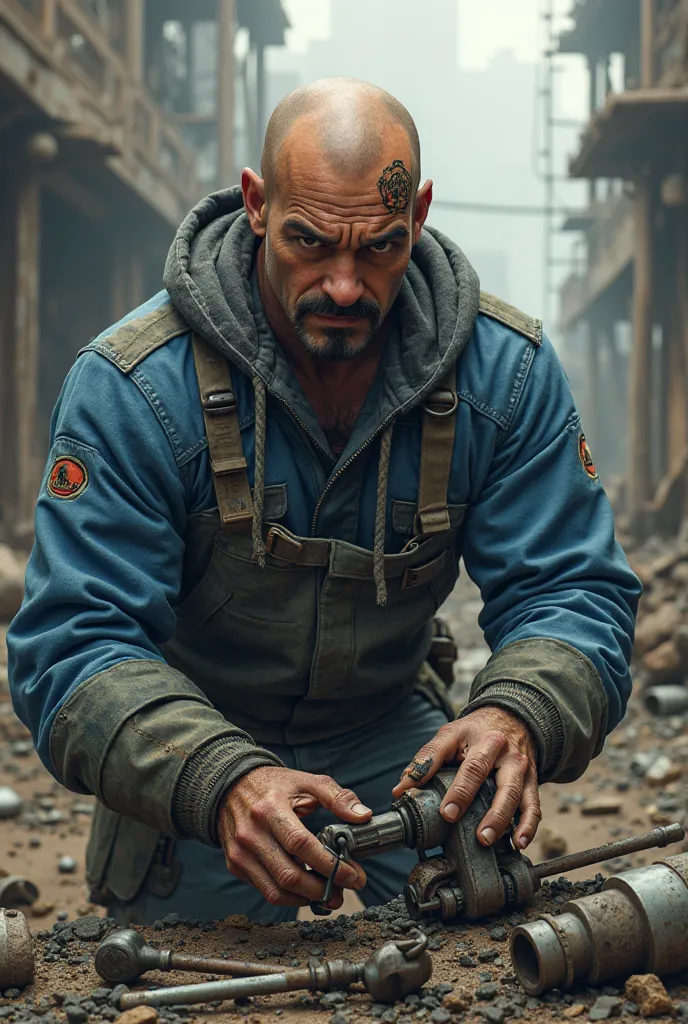 Create an RPG character whose mechanic wears a bald blue jumpsuit tattooed with a mustache and a black goatee in a post-apocalyptic world 