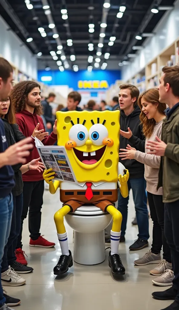 A surreal and humorous scene inside an IKEA store. In the center, SpongeBob SquarePants is sitting on a display toilet, casually reading an IKEA catalog with a surprised yet relaxed expression. Around him, several young adults, both men and women, react wi...