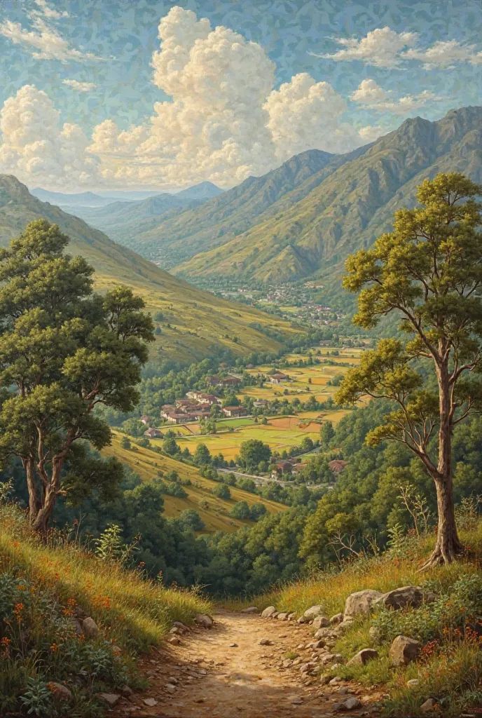 Using Leonardo da Vinci's painting techniques, create a painting depicting a natural landscape based on the rural area of Taubaté